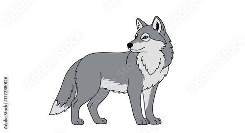 A digitally illustrated gray wolf stands in profile, showcasing its sleek fur and alert expression, a captivating wildlife depiction.