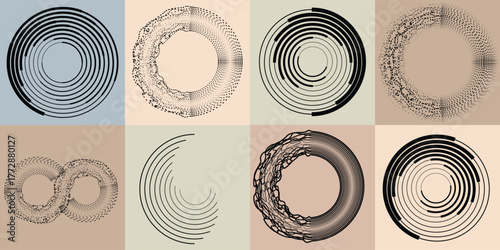 Art composition with lines in circle and semi circle shapes .Modern art design .Neutral color stripes .Transition speed lines. Geometric shape. Wall art
