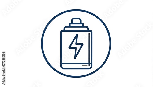 A dark blue battery icon with a lightning bolt inside a circle on a white background
