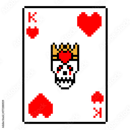 Isolated King of Hearts Playing Card Red Skull Pixel Art