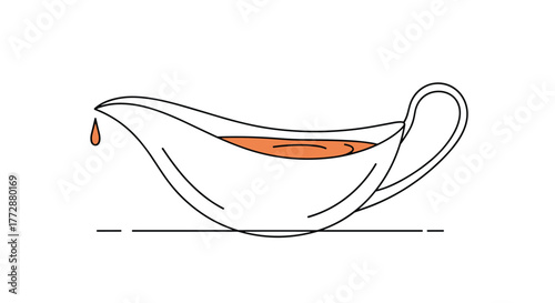 A simple line drawing depicts a gravy boat with a single drop of gravy falling from its spout, resting on a flat surface.