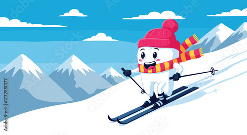 A cheerful cartoon tooth character joyfully skis down a snowy mountain slope under a bright blue winter sky, promoting dental health and seasonal fun.