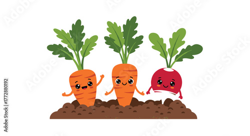 Cheerful cartoon carrots and a radish sprout from the garden soil, waving their leafy greens with happy expressions, creating a whimsical illustration.