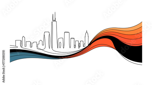 Urban Symphony: A minimalist line drawing captures the essence of a modern cityscape, its iconic skyline merging seamlessly with vibrant, flowing waves of color.