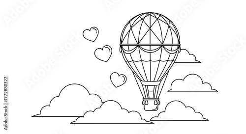Charming black and white illustration of a hot air balloon floating among fluffy clouds with three hearts drifting upwards, evoking a sense of peace and romance.