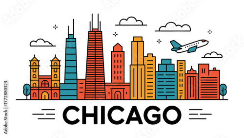 Chicago Skyline Illustration: A vibrant illustration showcasing the iconic cityscape of Chicago, with its towering skyscrapers, stylized design, and a plane flying overhead.