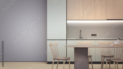 Neutral indoor led strip glow in cozy japandi style interior. 3d rendering of minimalist dining room with kitchen counter and copy space wall for background.