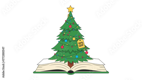 Bookish Festive Cheer: A vibrant Christmas tree, adorned with twinkling lights and ornaments, emerges from the pages of an open book, symbolizing the joy of reading and the holiday season.