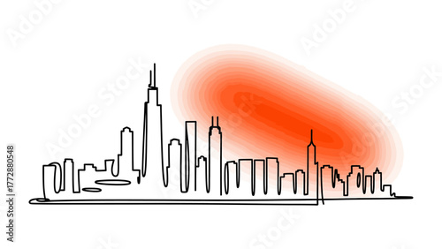 Skyline Silhouette under Sun: Captures a stylized cityscape outline, showcasing its unique architecture and iconic landmarks, illuminated by the radiant glow of the sun