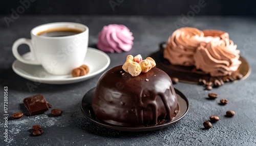 A dark chocolate dessert sits beside coffee and marshmallows for a tasty treat