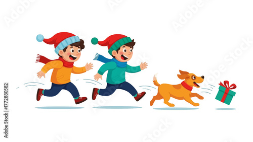 Joyful Pursuit of Presents: Two excited children with their playful dog racing towards a festive gift box, evoking the spirit of holiday cheer and anticipation.
