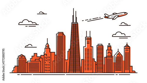 Chicago Skyline and Airplane: A vibrant illustration showcasing the Chicago skyline with iconic skyscrapers, a symbol of urban ambition. An airplane soars overhead.