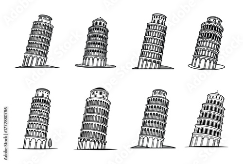 Eight Variations of the Leaning Tower of Pisa Artistic Renderings