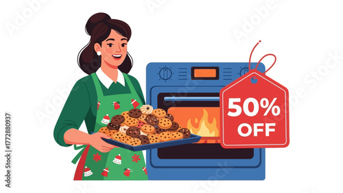 Baking Discount: A friendly individual stands proudly, presenting a tray of golden-brown treats fresh from the oven, with a bold discount tag.