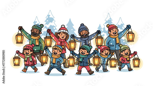 Winter Lantern Procession: A heartwarming depiction of diverse individuals, young and old, joyfully participating in a winter lantern procession, creating a scene of unity and festivity. 