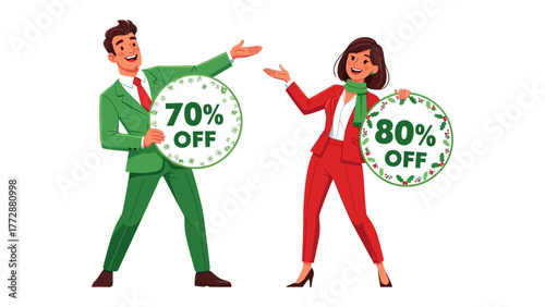 Holiday Season Discount: A dynamic duo, exuding holiday cheer, heralds significant discounts, presenting tempting offers to potential patrons with a flourish.
