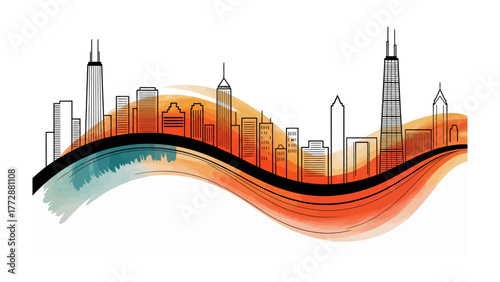 Urban Silhouette: An abstract representation of a modern cityscape skyline, capturing the essence of the city's architecture against a vibrant wave background.