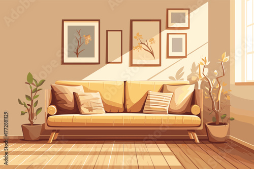 Cartoon living room interior with sofa, vector illustration