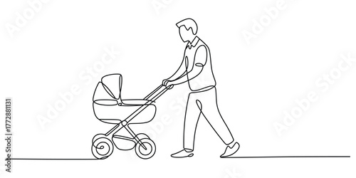 Single line drawing of a person pushing a baby stroller with minimalist style vector