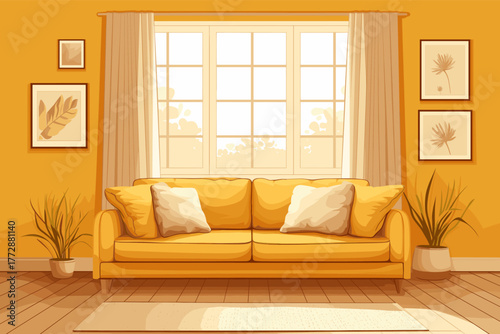 Cartoon living room interior with sofa, vector illustration
