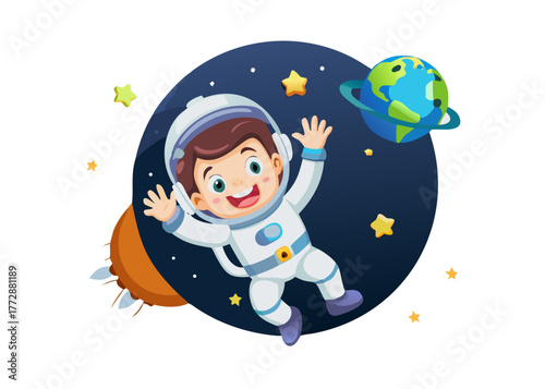 A 3D cartoon boy astronaut floating in space with big helmet and stars around, waving happily with Earth in the background, dreamy and inspiring