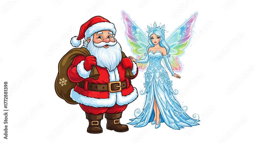 Obraz premium Santa and Ice Fairy: Santa Claus stands beside a radiant ice fairy, in this whimsical depiction. The pair creates a scene filled with enchantment, fantasy and holiday magic.