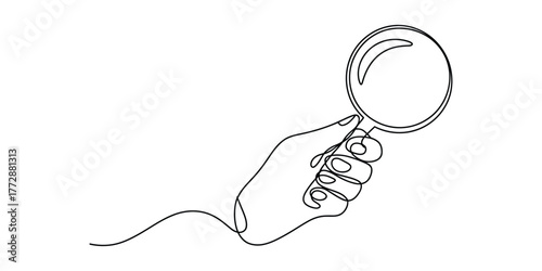 Elegant continuous line drawing of a hand holding a magnifying glass for detailed exploration vector