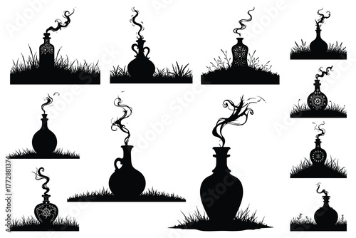 Black silhouettes of bottles with smoke and grass white