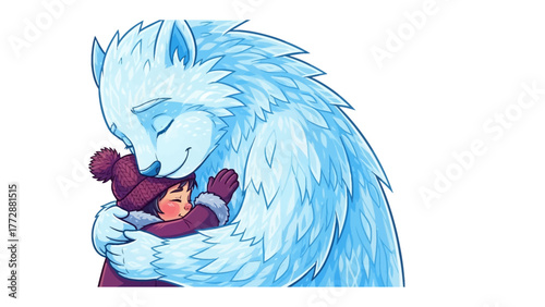 Cozy Embrace: An endearing illustration depicts a heartwarming hug between a furry, icy creature and a child, evoking feelings of love, security, and the bond of friendship.