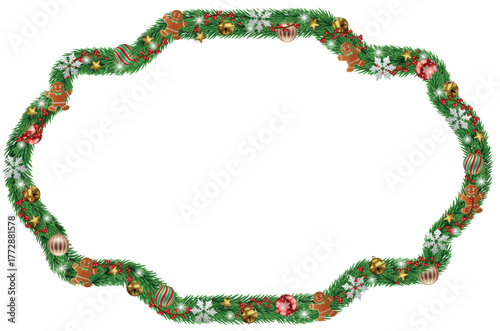 christmas frame with pine branches and decorations. christmas border with christmas balls, gingerbreads, red berries, stars, snowflakes and jingle bells.