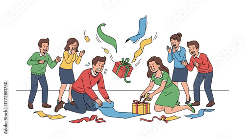 Excitement Unveiled: A group of friends is immersed in the joyous ritual of gift unwrapping, eyes wide with anticipation and delight.