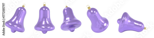 Purple Vector Christmas bell-shaped ornaments with golden caps. High detailed, isolated from different views. With realistic reflections and smooth gradients, perfect for holiday-themed designs.