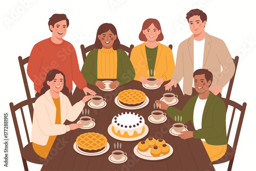 Traditional thanksgiving food depicted in festive dinner scene from table top view, vector illustration with turkey, side dishes, and holiday feast elements