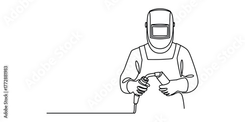 Minimalist continuous line drawing of a welder in protective gear with equipment vector