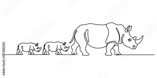 Elegant continuous line drawing of a rhinoceros family walking together vector