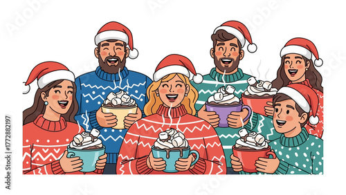 Festive Family Gathering: A joyful family celebrates the holiday season with warm cocoa, adorned with whipped cream and marshmallows. They share laughter and cheer in matching holiday attire.