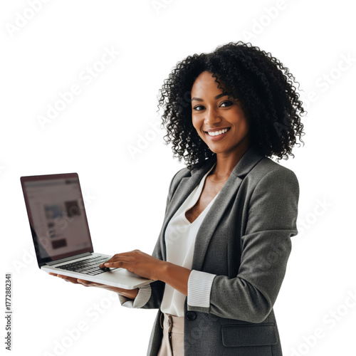 A young Black business woman smiling and holding laptop isolated on white background
