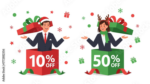 Christmas Gift Boxes & Special Offers: Two characters burst forth from festive gift boxes, heralding special holiday promotions with percentages. A vibrant illustration perfect for advertising sales.