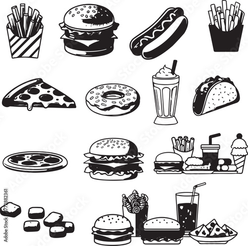 Fast Food Feast: A hand-drawn collection of iconic fast food items, perfect for illustrating a variety of food vector