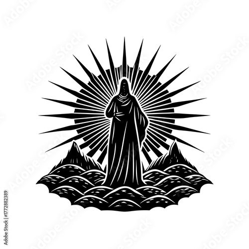 Mysterious figure in hooded robes stands amidst mountains and waves under a radiant sunburst