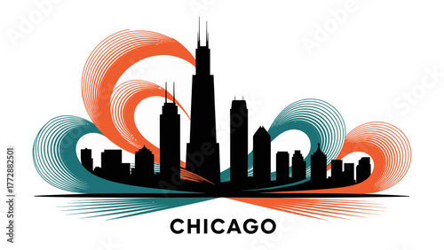 Chicago Skyline Silhouette: The striking cityscape of Chicago stands tall, its iconic buildings silhouetted against a dynamic, artistic backdrop of swirling lines and vibrant colors.
