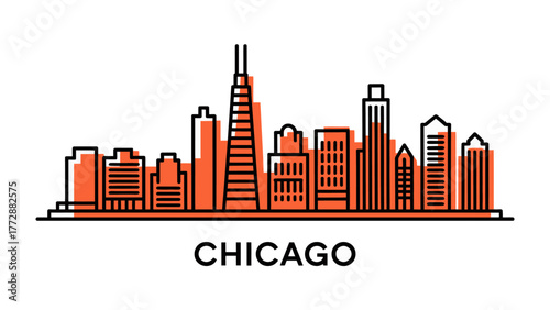 Chicago Cityscape: An abstract outline of the iconic Chicago skyline, with a minimalist design featuring towering skyscrapers, representing a bustling metropolis and urban landscape.