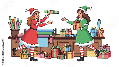 Holiday Elves Exchanging Gifts: Two festive elves, attired in vibrant holiday attire, cheerfully exchange wrapped gifts and wrapping paper, embodying the spirit of Christmas and festive giving.