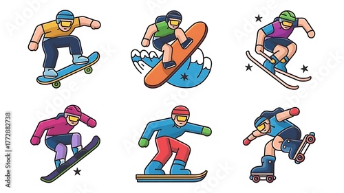 Dynamic cartoon sports figures performing action-packed extreme sports tricks and stunts