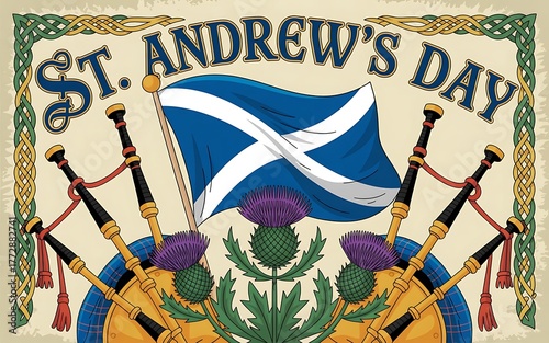 Celebrate st. andrew's day with scottish heritage bagpipes thistle flag poster