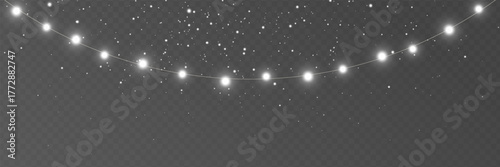 Christmas silver light background. Fairy bulb, banner. New Year luxury string garland. Winter party frame. Led neon line baubles. Festive border. Glow lamp bg. Glitter bright. Vector illustration