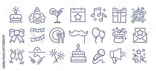 Party, celebration and event planning editable stroke outline icons set isolated on white background flat vector illustration. Pixel perfect. 64 x 64. 