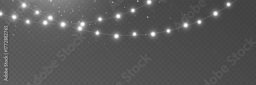 Christmas silver light background. Fairy bulb, banner. New Year luxury string garland. Winter party frame. Led neon line baubles. Festive border. Glow lamp bg. Glitter bright. Vector illustration