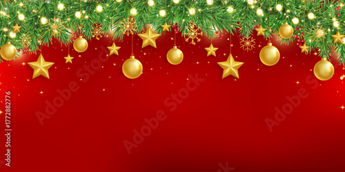 Green fir branches with glitter stars, golden light and berries frame. Merry Christmas garland border. New Year red card. Winter Holiday background. Xmas evergreen plant banner. Vector illustration