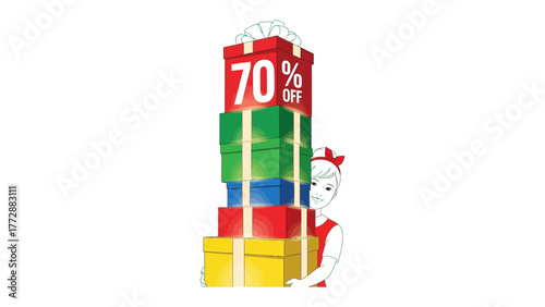 Hidden treasures: A person peeks out from behind a towering stack of colorful gift boxes, each bearing the enticing promise of a 70% off discount.